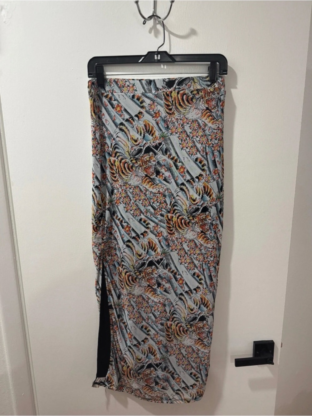 Ed Hardy Light Blue Floral Tiger Print Maxi Skirt with Side Slit